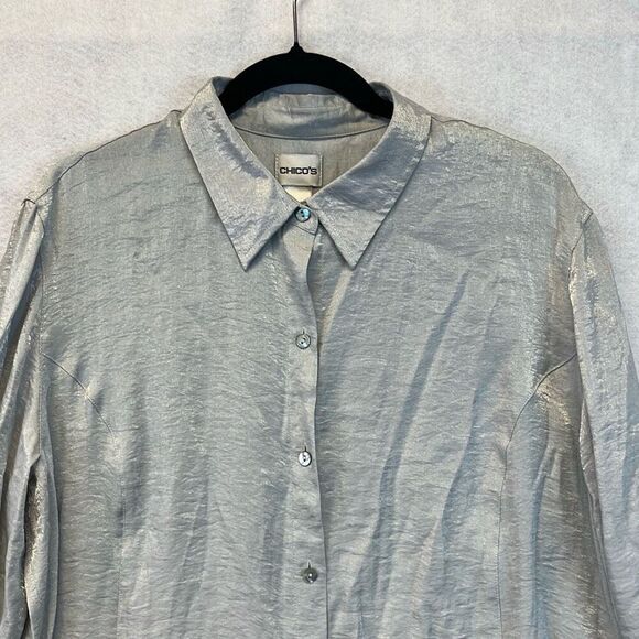 CHICO'S Shirt Women’s Size 3 Silver Shimmer Long Sleeve Button Down Blouse Top X - Picture 2 of 11